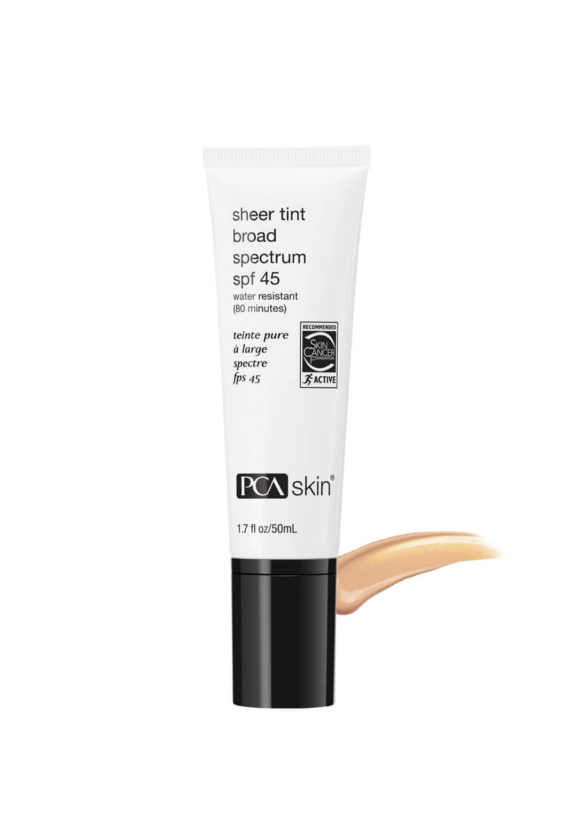 Bottle of PCA Skin Sheer Tint Broad spectrum SPF 45 Water resistant (80 minutes)